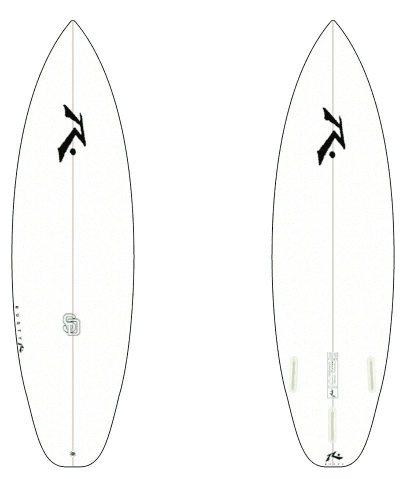 GIF of rotating custom rusty surfboards featuring color changes and logo changes