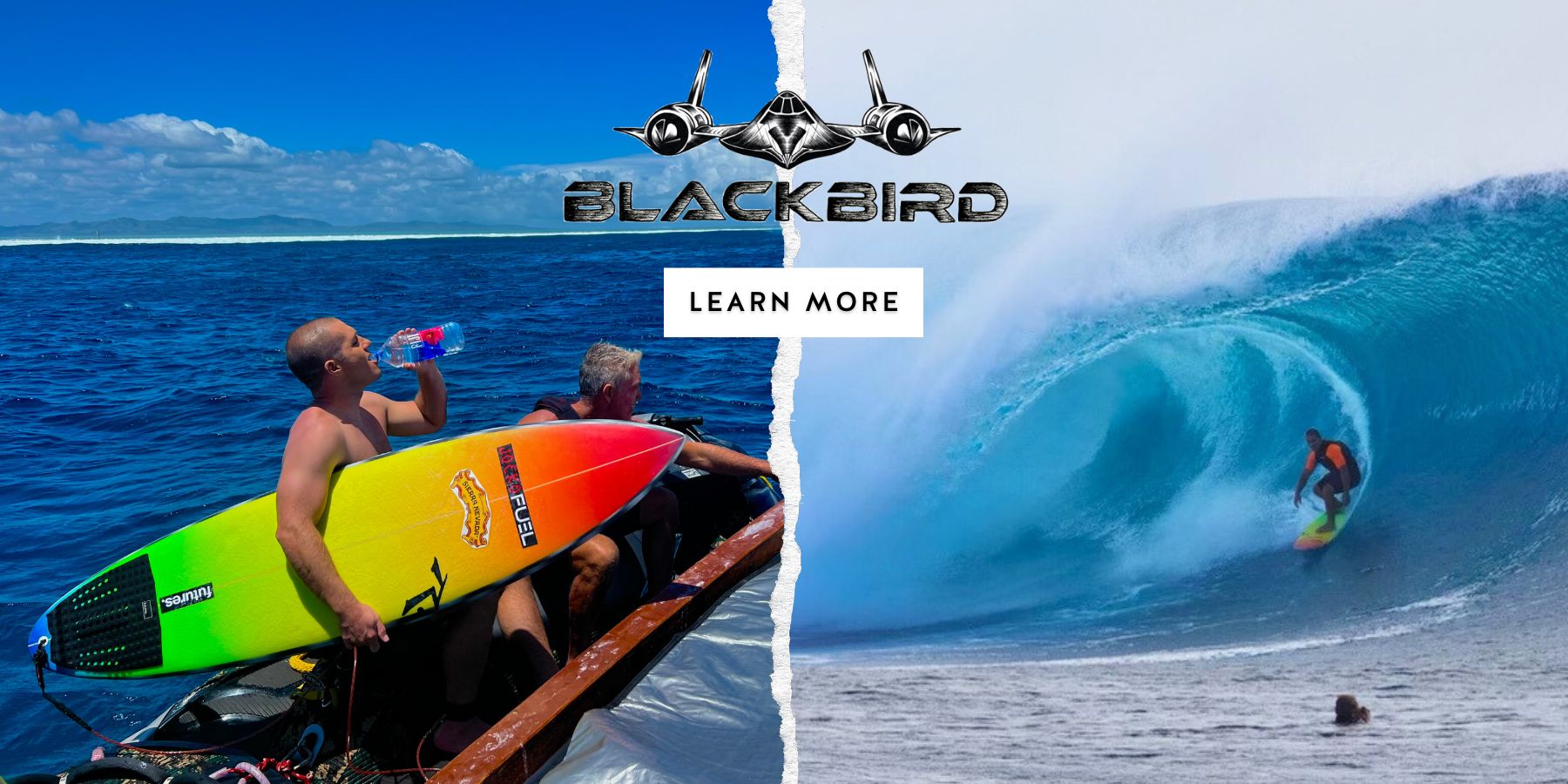 Team rider JoJo Roper holding his Blackbird at Cloudbreak in Fiji - Rusty Surfboards - Desktop