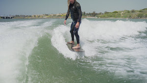 Close up video of Austin Keen riding the Snaggle Tooth 2.0 Dark Arts - Rusty Wakesurf