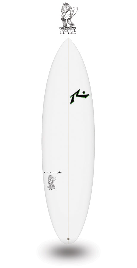 rusty custom Yeti surfboard